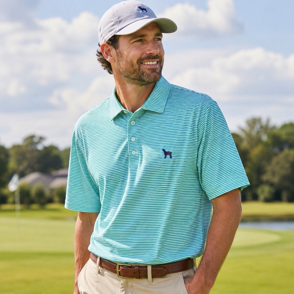 Cardinal Creek Spaniels Golf Polo XXL Blue Green Stripe Performance Dog Logo